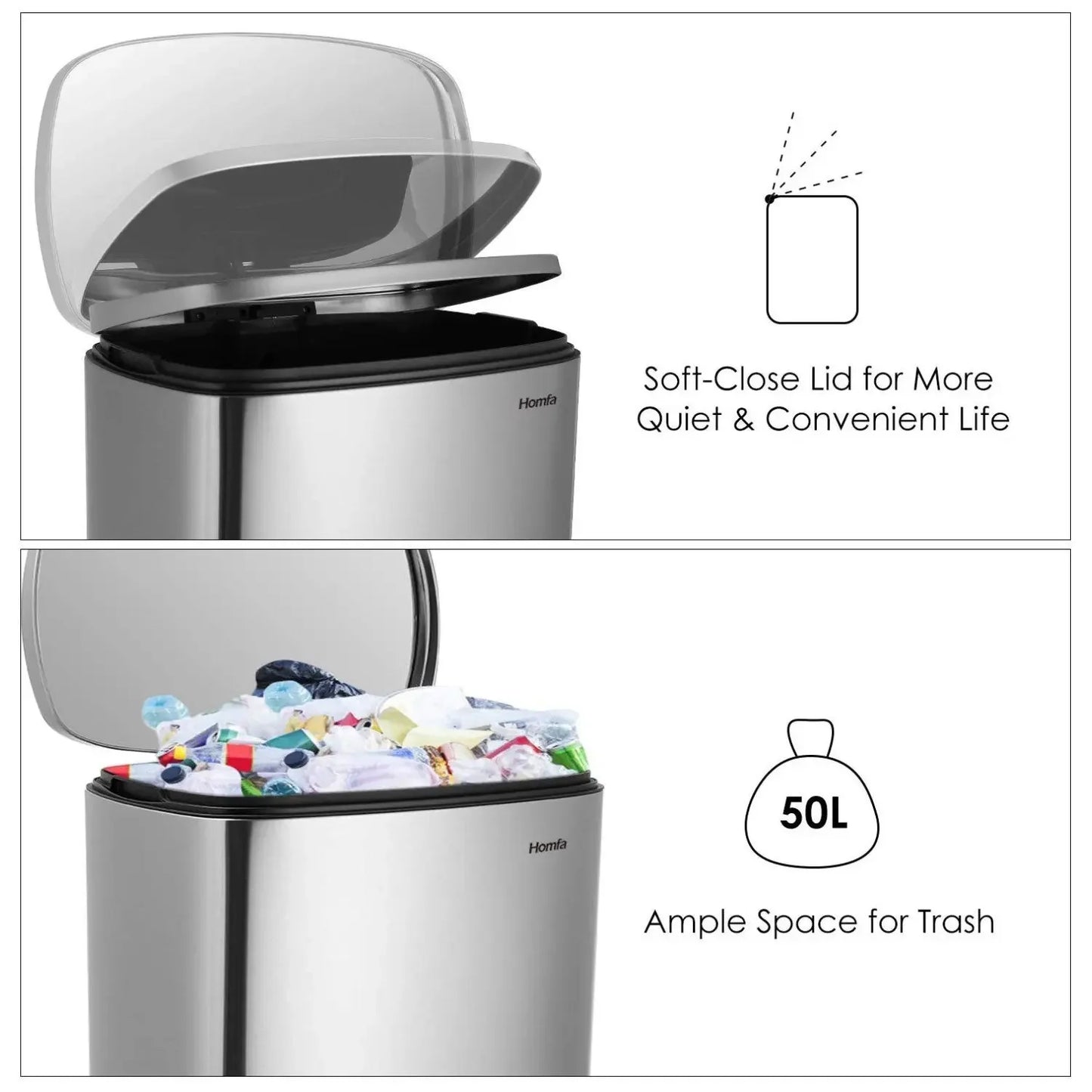 Kitchen Trash Can, Stainless Steel 50 Liter