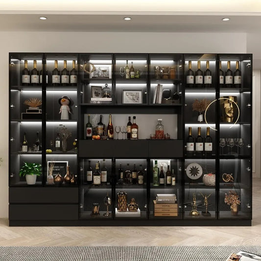 Tall Bookcase with Glass Doors and LED Lights,