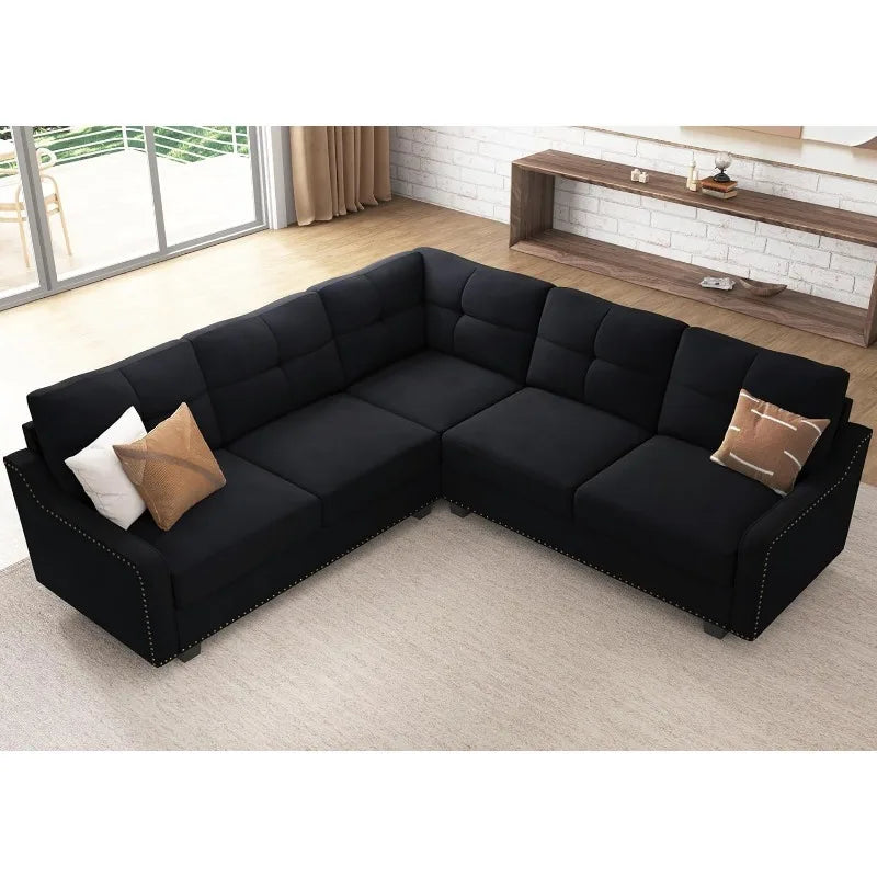 Convertible Sectional  L Shaped Couch Velvet Black