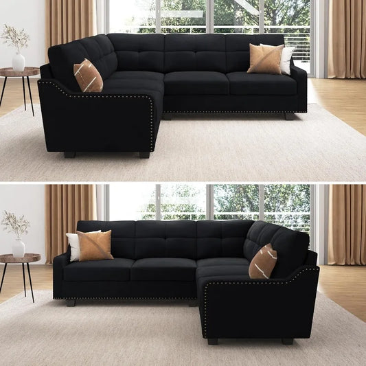 Convertible Sectional  L Shaped Couch Velvet Black