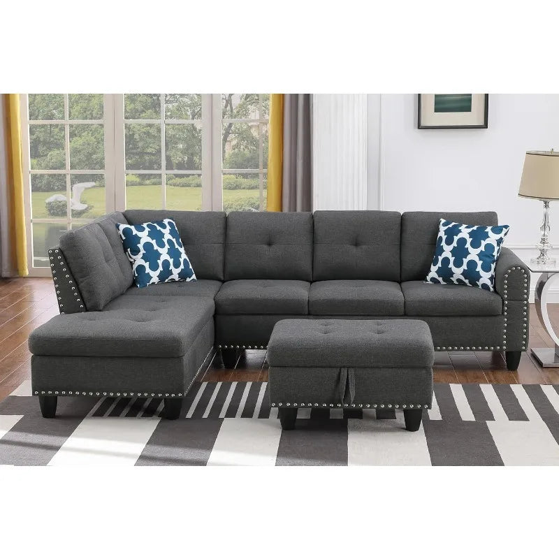 4 Seat Linen Upholstered Sectional Sofa Set