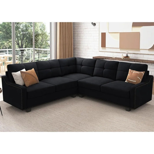 Convertible Sectional  L Shaped Couch Velvet Black
