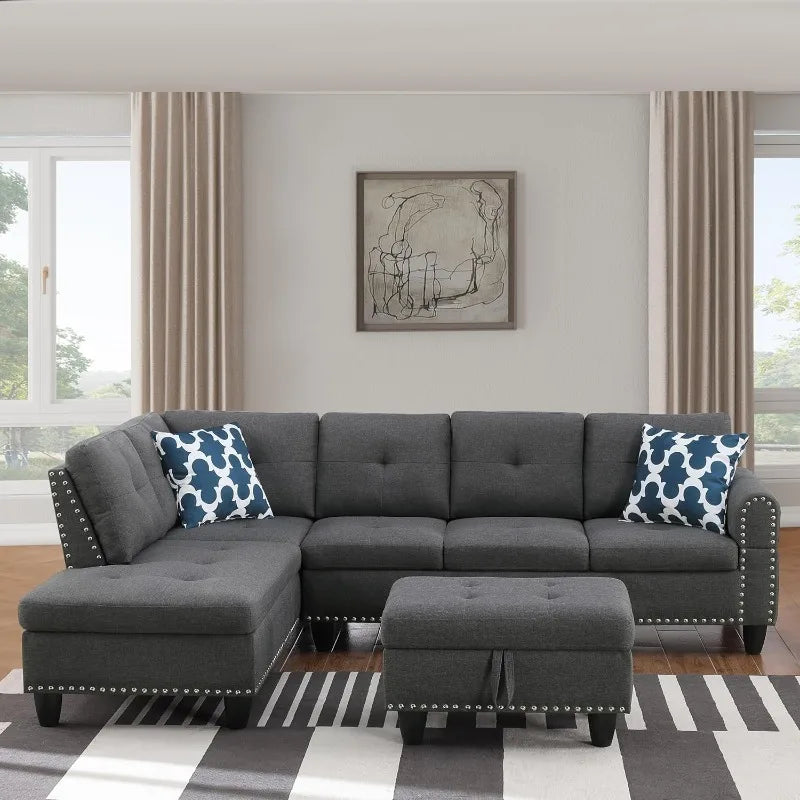 4 Seat Linen Upholstered Sectional Sofa Set